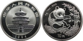 Weltmünzen und Medaillen, China. China Panda. 10 Yuan 1994. 31,10 g. 0.999 Silber. 1 OZ. KM A623. Polierte Platte. Patina. Kl.Flecken