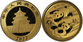 Weltmünzen und Medaillen, China. 40. Jahrestag der Panda-Prägung. 10 Yuan 2022. 1 g. 0.999 Gold. KM UC# 247. Stempelglanz. Original Folie