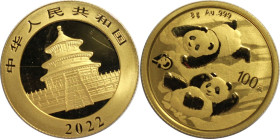 Weltmünzen und Medaillen, China. 40. Jahrestag der Panda-Prägung. 100 Yuan 2022. 8 g. 0.999 Gold. KM UC# 441. Stempelglanz. Original Folie