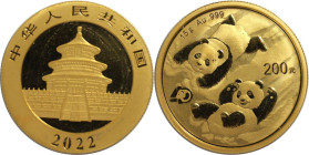 Weltmünzen und Medaillen, China. 40. Jahrestag der Panda-Prägung. 200 Yuan 2022. 15 g. 0.999 Gold. KM UC# 410. Stempelglanz. Original Folie