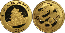 Weltmünzen und Medaillen, China. 40. Jahrestag der Panda-Prägung. 50 Yuan 2022. 3 g. 0.999 Gold. KM UC# 249. Stempelglanz. Original Folie