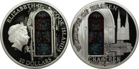 Weltmünzen und Medaillen, Cookinseln / Cook Islands. "WINDOWS OF HEAVEN" Kathedrale von Chartres. 10 Dollars 2013, 0.925 Silber. 50 g. 50 mm. Prooflik...