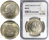 Weltmünzen und Medaillen, Curaçao. Wilhelmina. 2 1/2 Gulden 1944 D. Silber. KM 46. NGC MS 63