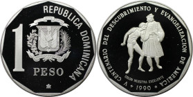 Weltmünzen und Medaillen, Dominikanische Republik / Dominican Republic. 500 Jahre Entdeckung Amerikas. 1 Peso 1990. 31,10 g. 0.999 Silber. 1 OZ. KM 77...