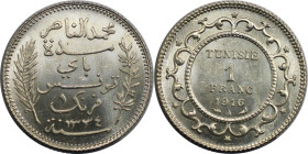 Weltmünzen und Medaillen, Tunesien / Tunisia. Muhammad V. (1906-1922). 1 Franc 1916 (AH1334). Silber. KM 238. Fast Stempelglanz. Kl.Kratzer