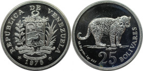 Weltmünzen und Medaillen, Venezuela. Jaguar. 25 Bolivares 1975. 28,28 g. 0.925 Silber. 0.84 OZ. KM Y# 46. Stempelglanz. Winz.Kratzer. Patina