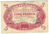Banknoten, Guadeloupe. 5 Francs L.1901 (1928-1945). P. 7e. III