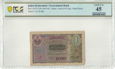 Banknoten, Indien / India. India-Hyderabad / Government Bank. 1 Rupee ND (1945-1946). Series S-W, Sign.: Zahed Husain. Serial # S/2 281985. Pick # S27...