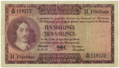 Banknoten, Südafrika / South Africa. 10 Shillings 1951. Erste Zeilen mit Bankname und Wert in Englisch. Pick 90c. II