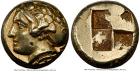 IONIA. Phocaea. Ca. 387-326 BC. EL hecte (10mm, 2.55 gm). NGC XF S 4/5 - 4/5. Female head left, hair in saccos / Quadripartite irregular incuse square...