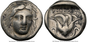 CARIAN ISLANDS. Rhodes. Ca. 360-340 BC. AR drachm (14mm, 12h). NGC Choice Fine. Head of Helios facing, turned slightly right, hair parted in center an...