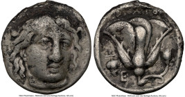 CARIAN ISLANDS. Rhodes. Ca. 340-316 BC. AR didrachm (18mm, 12h). NGC Choice Fine. Head of Helios facing slightly right, hair parted in center and swep...