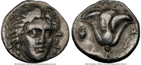 CARIAN ISLANDS. Rhodes. Ca. 305-275 BC. AR didrachm (20mm, 12h). NGC VF. Head of Helios facing, turned slightly right, hair parted in center and swept...