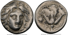 CARIAN ISLANDS. Rhodes. Ca. 305-275 BC. AR hemidrachm (11mm, 12h). NGC VF. Facing head of Helios, turned slightly right, hair parted in center and swe...