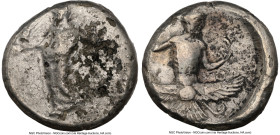 CILICIA. Issus. Tiribazus (ca. 388-380 BC). AR stater (22mm, 7h). NGC Fine. IΣΣIKON (Greek)-TRYBZW (Aramaic), Baal, nude to waist, standing left, eagl...