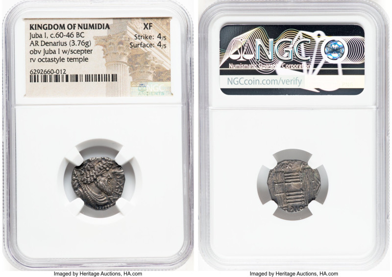 NUMIDIAN KINGDOM. Juba I (60-46 BC). AR denarius (17mm, 3.76 gm, 3h). NGC XF 4/5...