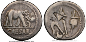 Julius Caesar, as Dictator (49-44 BC). AR denarius (18mm, 3.91 gm, 11h). NGC Fine 5/5 - 2/5, graffito, bankers marks. Military mint traveling with Cae...