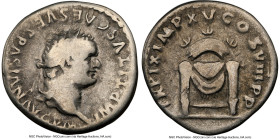 Titus, as Augustus (AD 79-81). AR denarius (18mm, 4h). NGC Fine. Rome, 1 January-30 June AD 80. IMP TITVS CAES VESPASIAN AVG P M, laureate head of Tit...