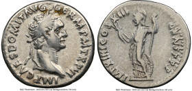 Domitian, as Augustus (AD 81-96). AR denarius (19mm, 5h). NGC Choice Fine. Rome, January-September AD 87. IMP CAES DOMIT AVG GERM P M TR P VI, laureat...