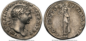 Trajan (AD 98-117). AR denarius (18mm, 6h). NGC Choice VF. Rome, AD 103-111. IMP TRAIANO AVG GER DAC P M TR P, laureate bust of Trajan right, slight d...