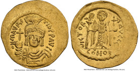 Maurice Tiberius (AD 582-602). AV solidus (22mm, 4.40 gm, 7h). NGC MS 5/5 - 3/5, edge bend, clipped. Constantinople, 3rd officina. o N mAVRC-TIb PP AV...