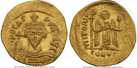 Phocas (AD 602-610). AV solidus (21mm, 4.47 gm, 7h). NGC MS 4/5 - 4/5. Constantinople, uncertain officina, AD 607-610. D N FOCAS-PЄRP AV, draped, cuir...