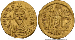 Phocas (AD 602-610). AV solidus (20mm, 4.34 gm, 7h). NGC AU 4/5 - 2/5, graffiti, clipped. Constantinople, 5th officina, AD 607-610. D N FOCAS-PЄRP AV,...