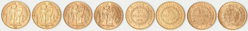 Republic 4-Piece Lot of Uncertified gold 20 Francs, 1) 20 Francs 1875-A - XF. 21...