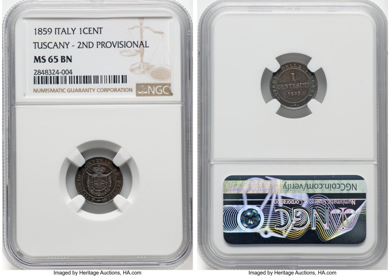 Tuscany. Second Provisional Government Centesimo 1859 MS65 Brown NGC, Heaton min...