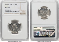 Vittorio Emanuele III Lira 1908-R MS66 NGC, Rome mint, KM45. This Gem offering resides in the penultimate grade on the NGC census, bested by a sole of...