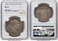 Willem III 2-1/2 Gulden 1867 MS61 NGC, Utrecht mint, KM82. Sheathed in a cloak of seafoam, peach and yellow toning, HID09801242017 © 2024 Heritage Auc...