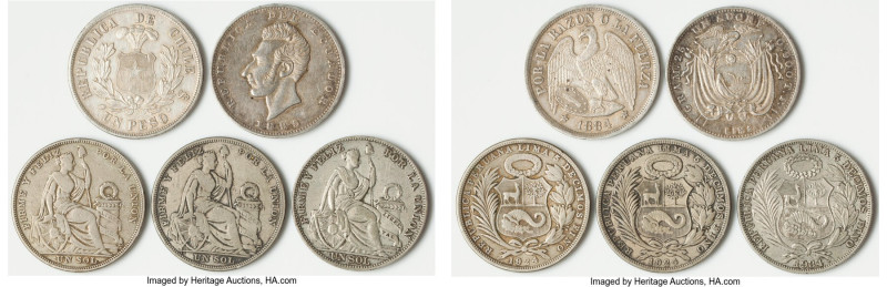 5-Piece Lot of Uncertified Assorted Crowns, 1) Chile: Republic Peso 1884-So - XF...