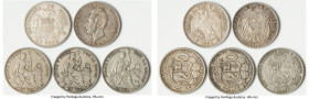 5-Piece Lot of Uncertified Assorted Crowns, 1) Chile: Republic Peso 1884-So - XF, Santiago mint, KM142. 37.3mm. 25.04gm 2) Ecuador: Republic Sucre 189...