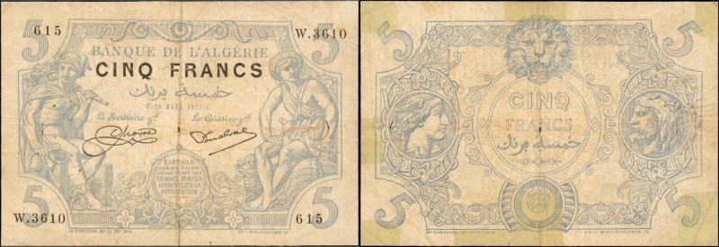 ALGERIA. Banque de l'Algerie. 5 Francs, 1925. P-71b. Fine.

Some minor tape re...