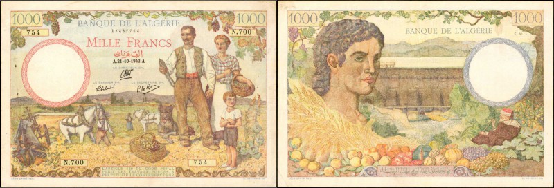 ALGERIA. Banque de l'Algerie. 1000 Francs, 1942. P-89. Very Fine.

A medium-la...