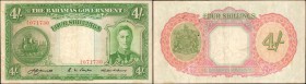 BAHAMAS. Bahamas Government. 4 Shillings, 1936. P-9a. Very Fine.

A popular TDLR type. Some even circulation found on this intact 4 Shilling note wi...