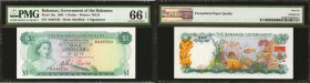 BAHAMAS. Government of the Bahamas. 1 Dollar, 1965. P-18a. PMG Gem Uncirculated 66 EPQ.

TDLR. Shellfish watermark with two signatures. Gem. PMG Gem...