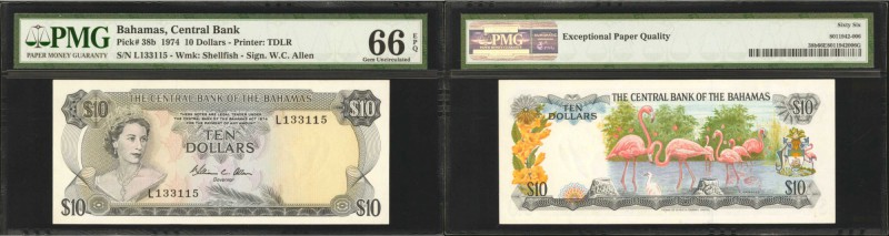 BAHAMAS. Central Bank of the Bahamas. 10 Dollars, 1974. P-38b. PMG Gem Uncircula...
