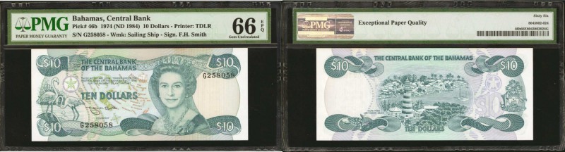 BAHAMAS. Central Bank of the Bahamas. 10 Dollars, 1974 (ND 1984). P-46b. PMG Gem...
