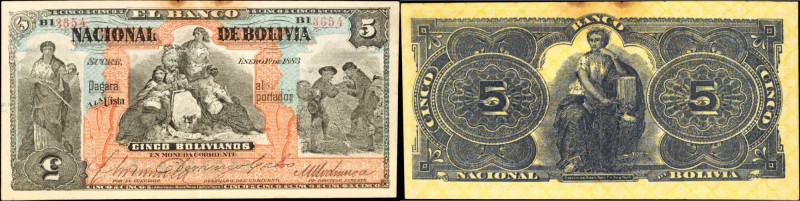BOLIVIA. Banco Nacional de Bolivia. 5 Bolivianos, 1883. P-S206x. Contemporary Co...