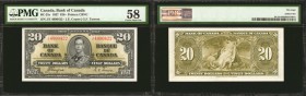 CANADA. Bank of Canada. 20 Dollars, 1937. BC-25c. PMG Choice About Uncirculated 58.

This French Text Coyne-Towers 20 shows with just a touch of cir...
