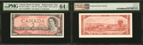 CANADA. Bank of Canada. 2 Dollars, 1954. BC-38cA. Replacement. PMG Choice Uncirculated 64 EPQ.

A modified QEII Replacement with bright colors. Prin...