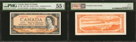 CANADA. Bank of Canada. 50 Dollars, 1954. BC-42b. PMG About Uncirculated 55 EPQ.

Printed by CBNC. An original 1954 Modified QEII 50 Dollar note wit...