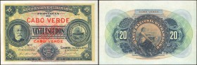 CAPE VERDE. Banco Nacional Ultramarino. 20 Escudos, 1921. P-36s. Specimen. Choice About Uncirculated.

Bright red Cabo Verde, and SPECIMEN overprint...
