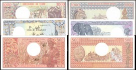 CHAD. Republique du TChad. 500 & 1000 Francs, Mixed Dates. P-6, 7, & 10Aa. Uncirculated.

3 pieces in lot. Chad bank notes. P-6 500 Francs; P-7 1000...
