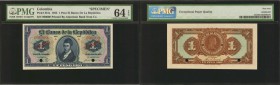COLOMBIA. Banco de la Republica. 1 Peso, 1923. P-361s. Specimen. PMG Choice Uncirculated 64 EPQ.

Specimen. Two punch cancellations at the signature...