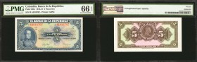 COLOMBIA. Banco de la Republica. 5 Pesos Oro. August 7, 1947. P-386c.

A second gorgeous issued post-war note, consecutive to the previous. Eight-di...