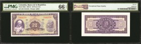 COLOMBIA. Banco de la Republica. 20 Pesos Oro, 1943 Pesos Oro Issue. P-392d. PMG Gem Uncirculated 66 EPQ.

The fifth year of issue of this type and ...