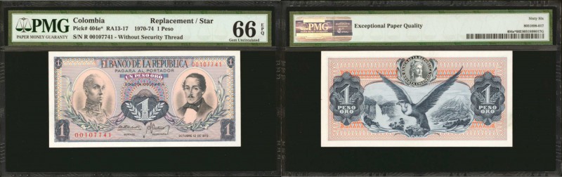COLOMBIA. Banco de la Republica. 1 Peso. October 12, 1970. P-404e*. RA12. Replac...