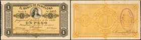 COLOMBIA. Banco de Pamplona. 1 Peso. July 9, 1883. P-S711b.

Bradbury, Wilkinson & Co. printed type with yellow tint and back, but with purple oval ...